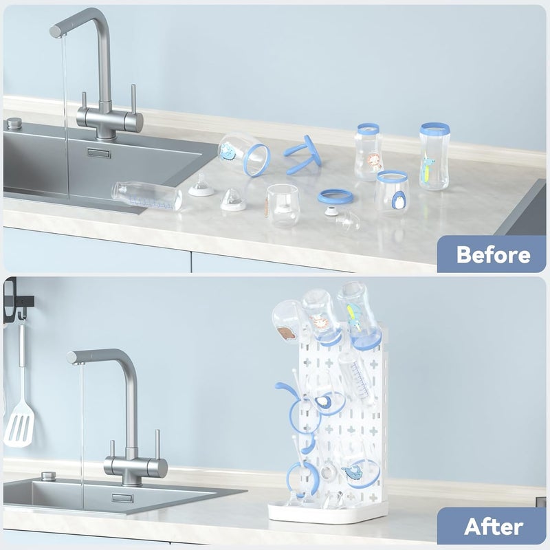 CLESOO Baby Bottle Drying Rack Bottle Dryer Rack for 12 Bottle Drying Rack Space Saving Kitchen Countertop Vertical Cup Drainer Rack Detachable Baby Bottle Holder Storage Organizer Pump Part Dryer Rack White - Image 4